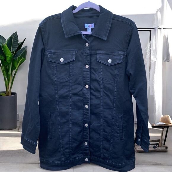 NWOT New Denim & Co. Black Wash Stretch Denim Jacket/Dress w/Pockets Small - Picture 1 of 4